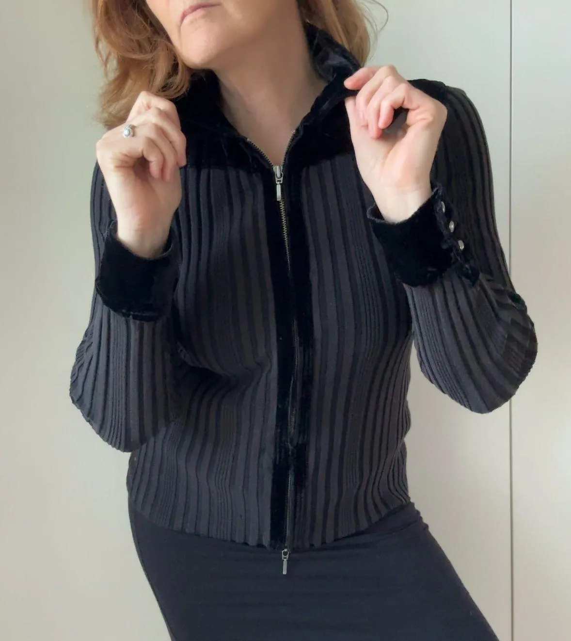 Y2K KNit Zipper Cardigan Velvet Collar Size large Dark Gothic Grunge Vampire Black - Image 3