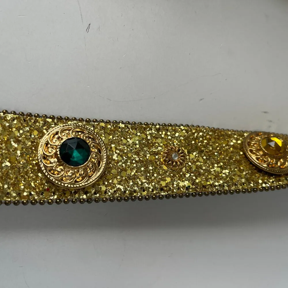 Glittery Gold Womens Belt Size Small Jewel Medallions L Gold Buckle 1.75" Retro - Image 6