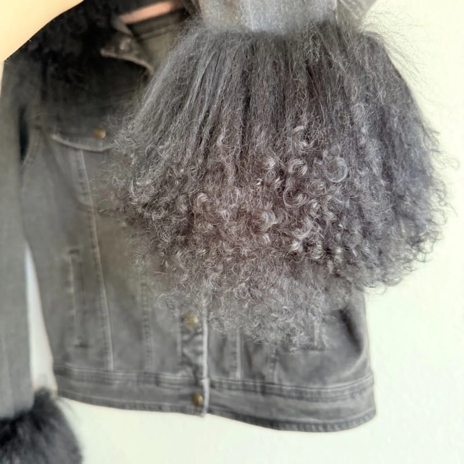 Anna Irion Black Mongolian Lamb Trim Collar & Cuff Gray Denim Jacket size Medium - Image 5