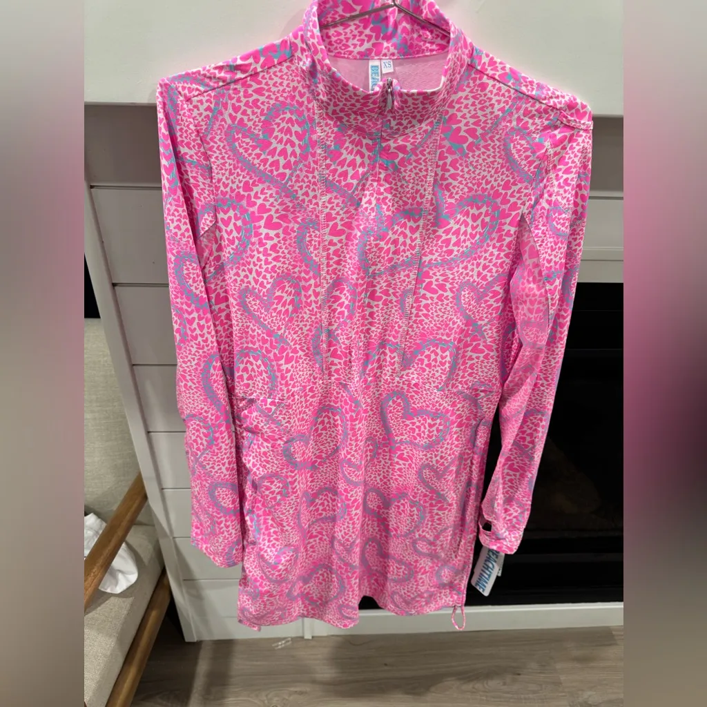 Beachtime By Lulu B Neon UPF + Cooling And Protecting Sun Dress XS Heart Print Pink - Image 3