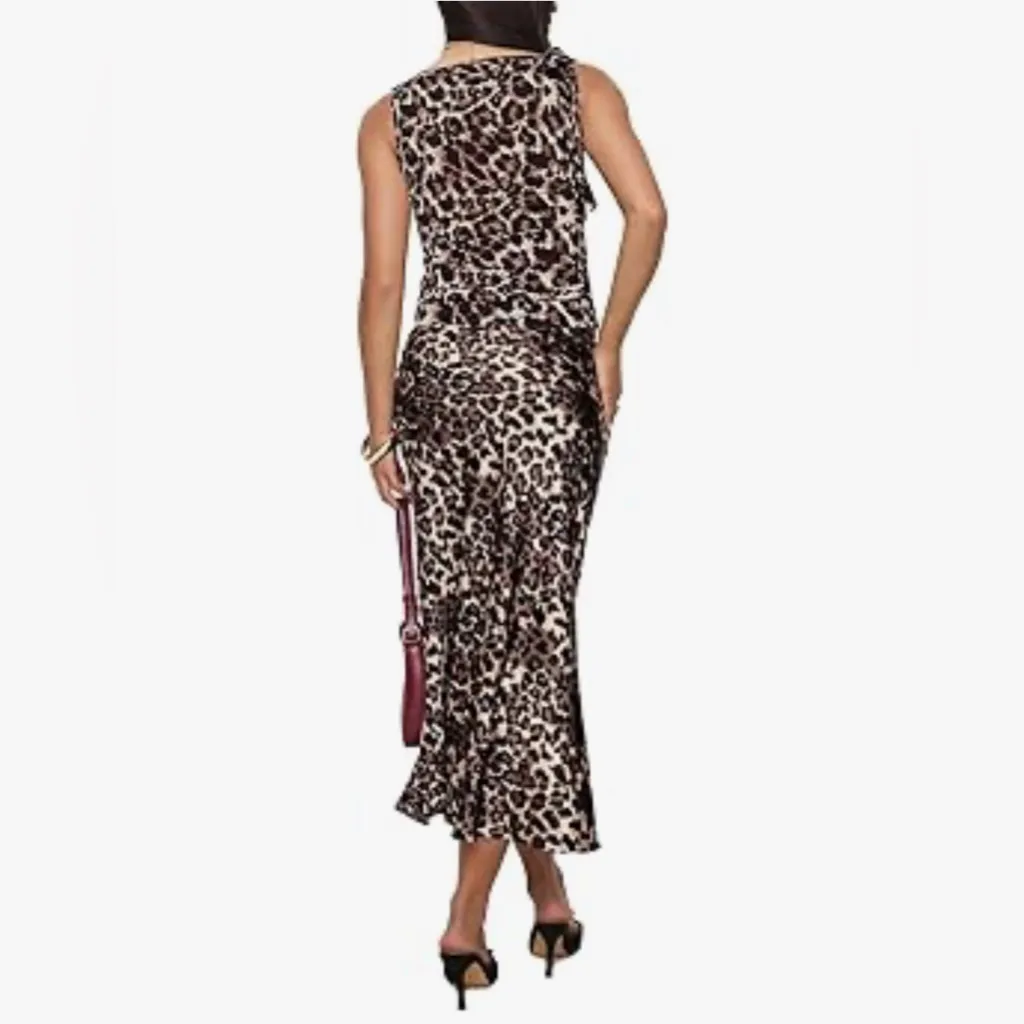 NEW Leopard 2 Pc Sleeveless Tie Shoulder Crop Top High Waist Maxi Skirt M Brown Size M - Image 2