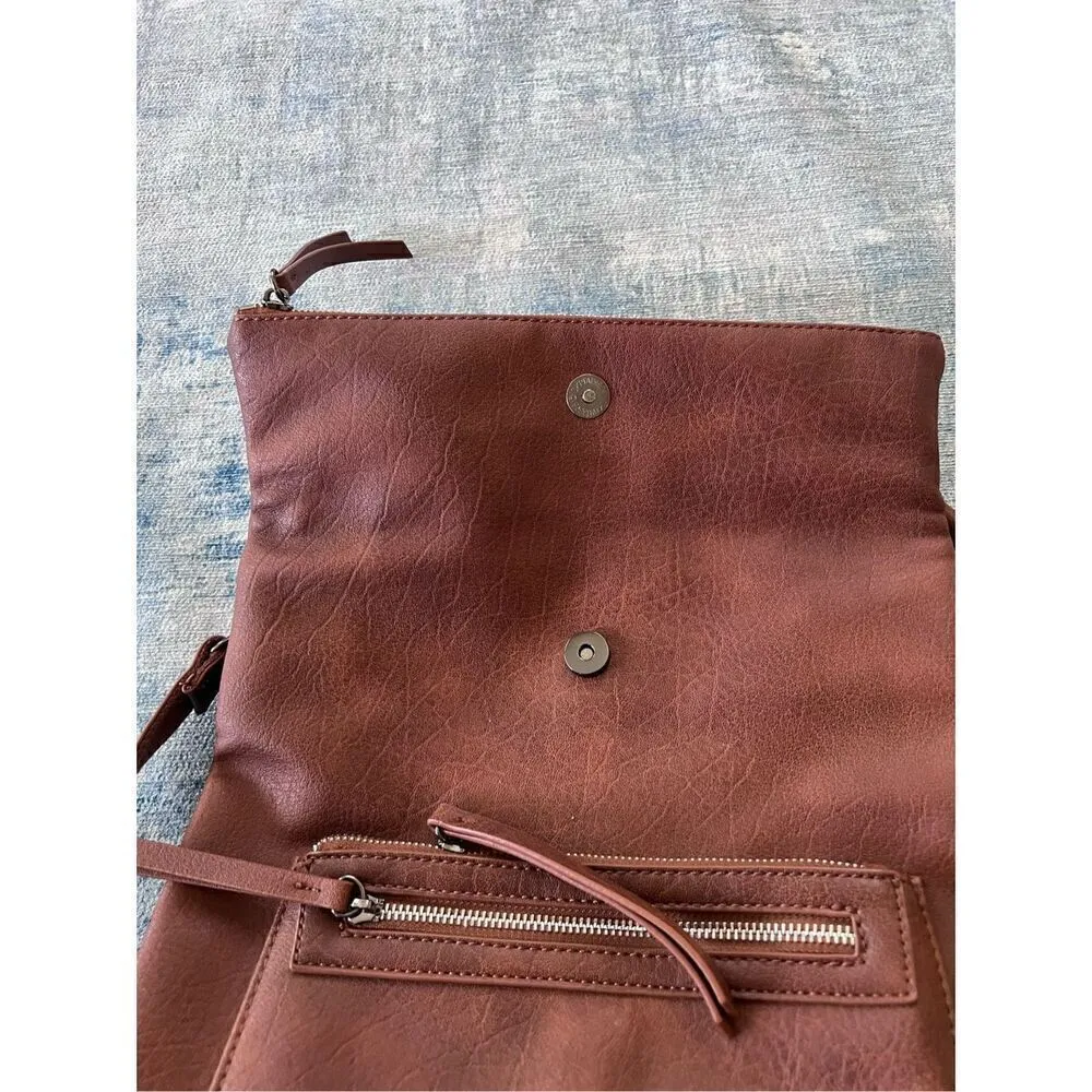 Brown Faux Leather Fold Over Bucket Shoulder Convertible Backpack - Image 4