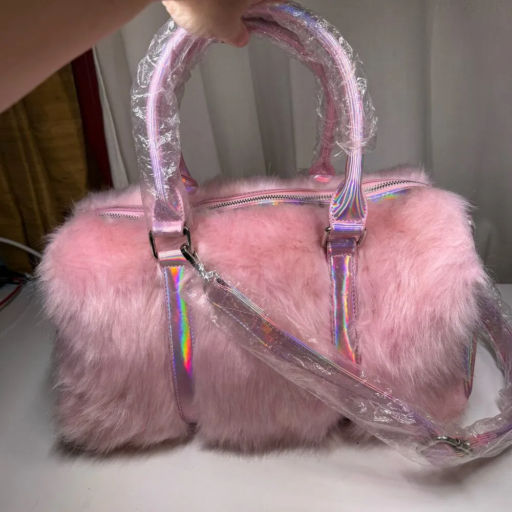 DOLLS KILL SUGAR THRILLZ PINK FAUX FUR SHAGADELIC HOLOGRAPHIC WEEKENDER NWT - Image 7