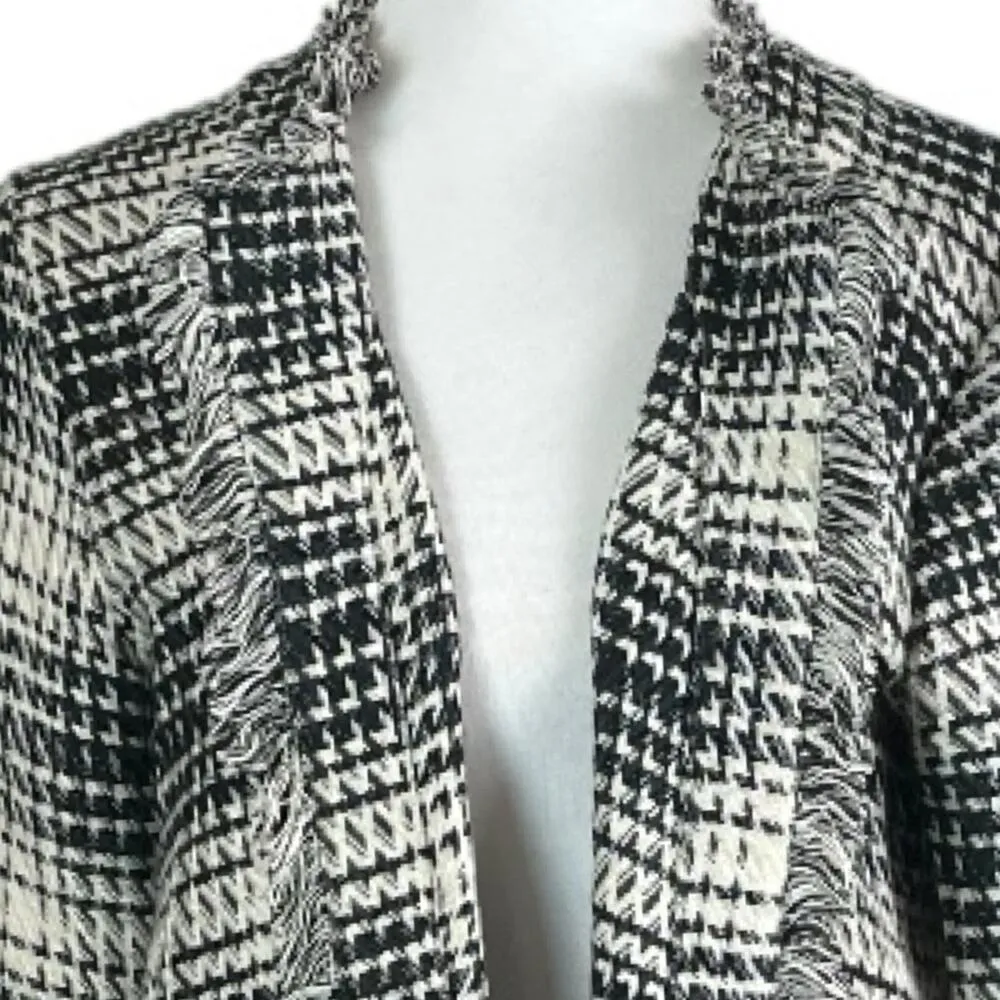 Maven West Women’s Long Jacket Open Front Fringe Black Cream Plaid Size Medium - Image 11