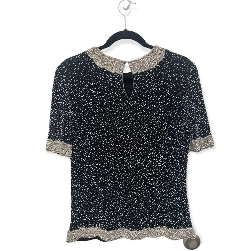 Camille Marie Vintage 100% Silk Beaded Blouse Short Sleeve Black Cream Size M Size M - Image 3