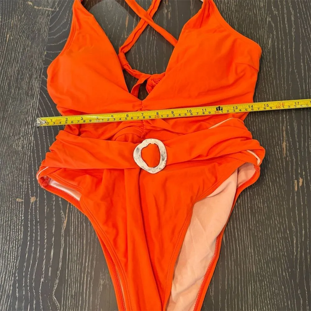 CUPSHE Women's Deep V One Piece Swimsuit Crisscross Back Orange L - Image 2