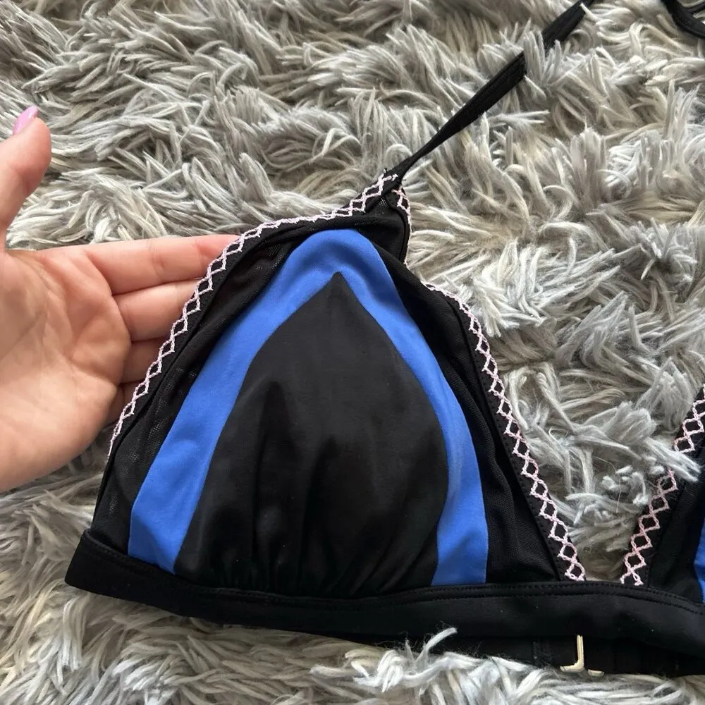 Womens Large L Bralette Bikini Top Swimsuit Black Blue Summer Pool Triangle - Image 3