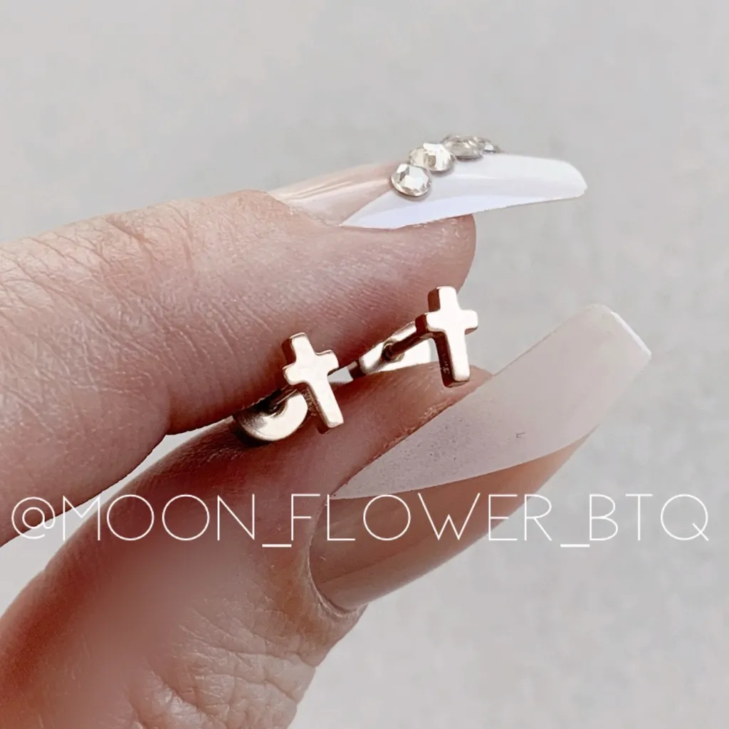 Tiny Rose Gold Cross Flat Back Earrings Pink - Image 2