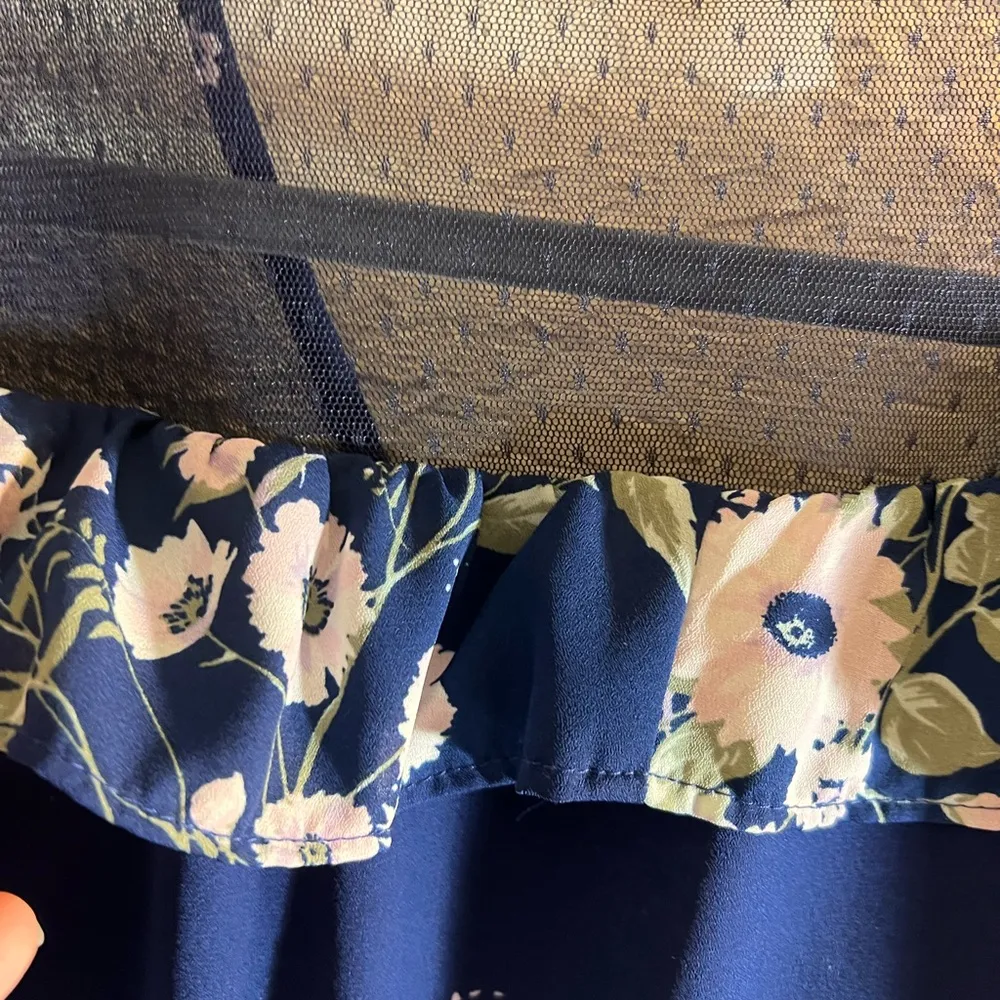 Miami Blue and White Ruffled Floral dress flowy faux wrap flutter sleeve - Image 14