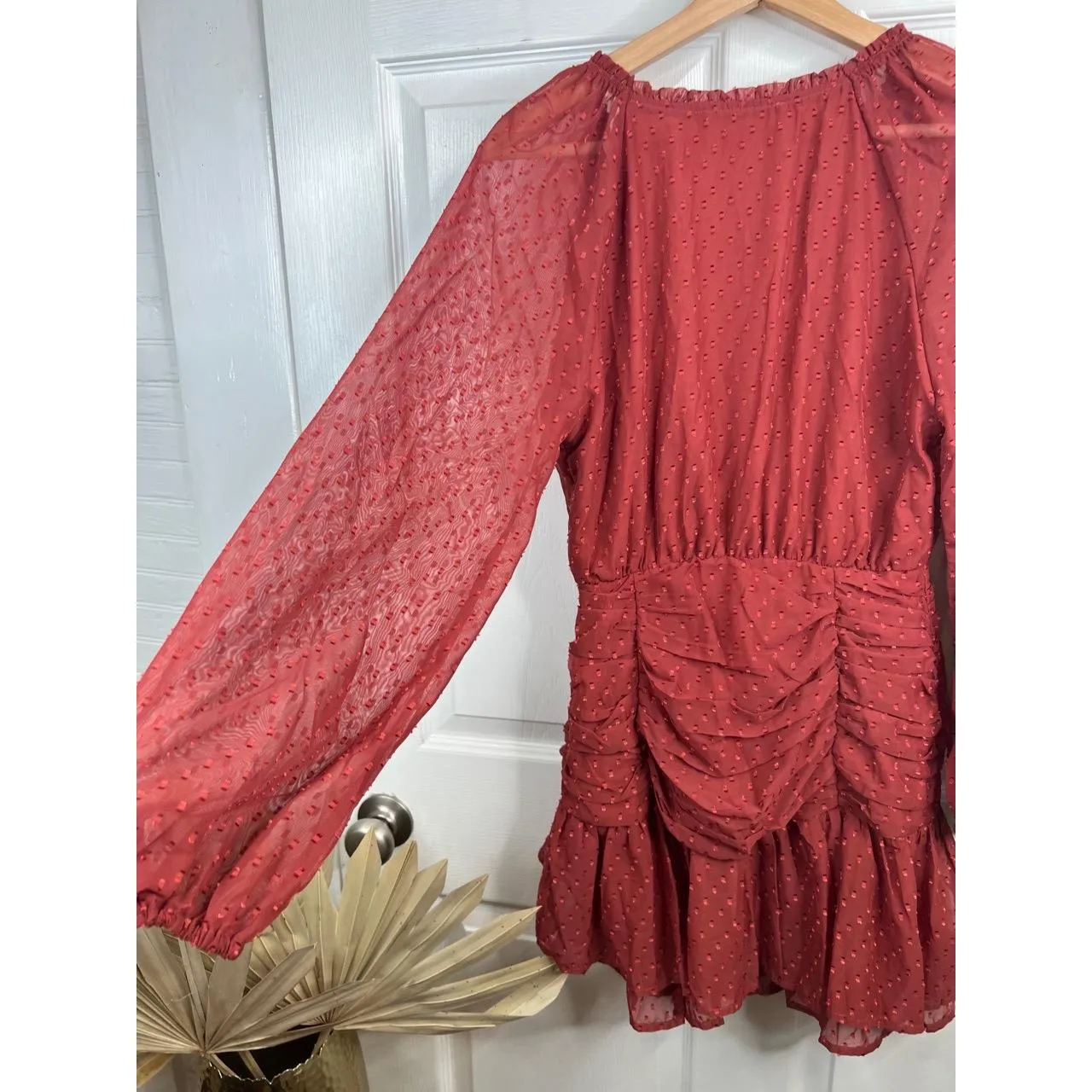 Floret Studios Mini Dress Womens Size S Rust Orange Swiss Dot Ruched Boho V Neck - Image 9