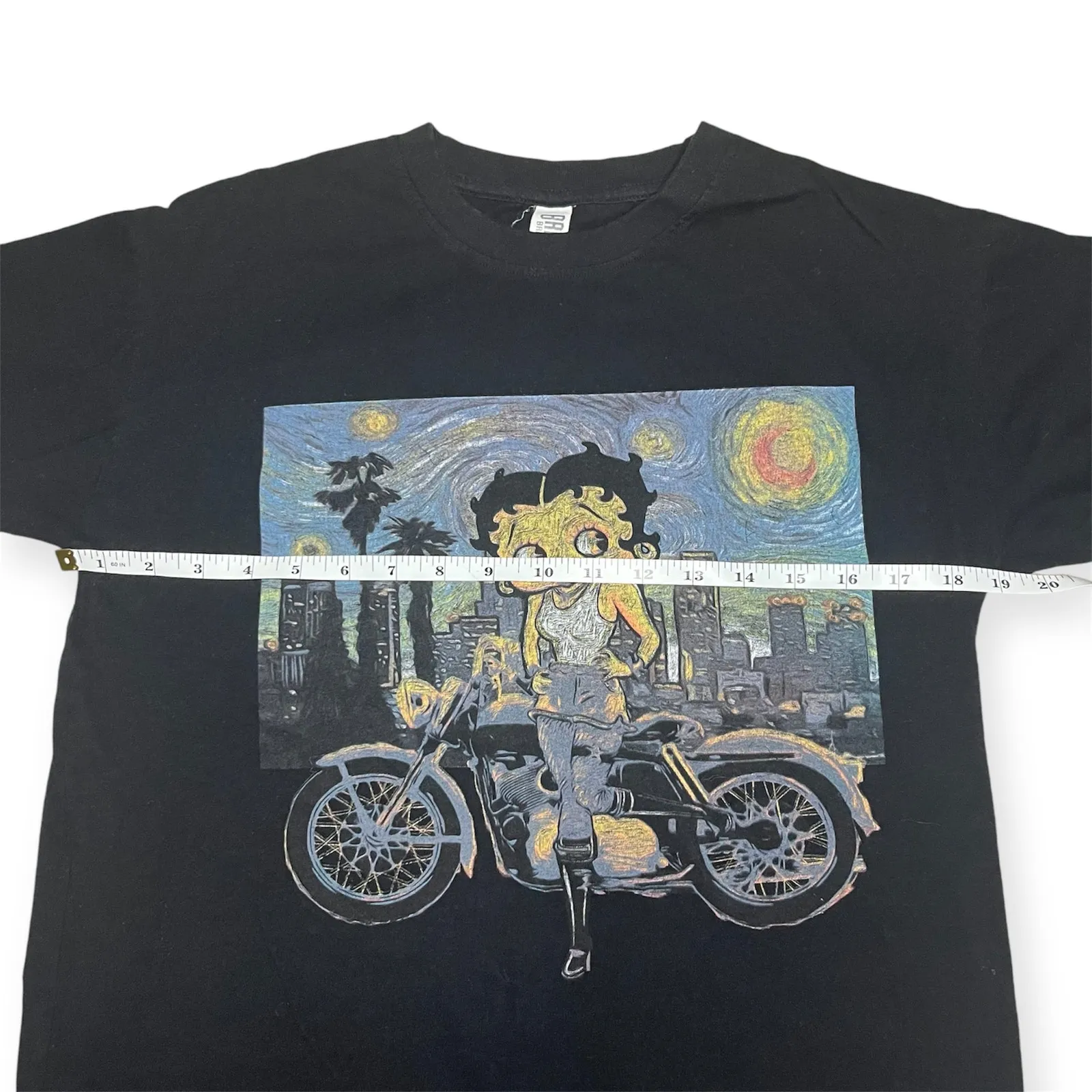 Betty Boop Starry Night Motorcycle Graphic Tee Black Retro Art Shirt Size Medium - Image 3