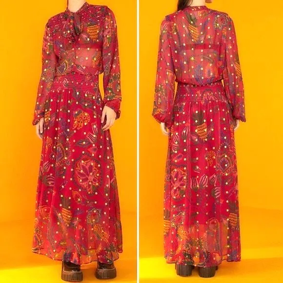 NWT Farm Rio Sunset Tapestry Floral Long Sleeve Boho Maxi Dress Warm Red Size XS - Image 2