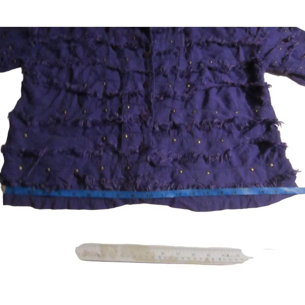 Boho Textured Fringe Button Shirt Studded Purple Rayon Top M - Image 12