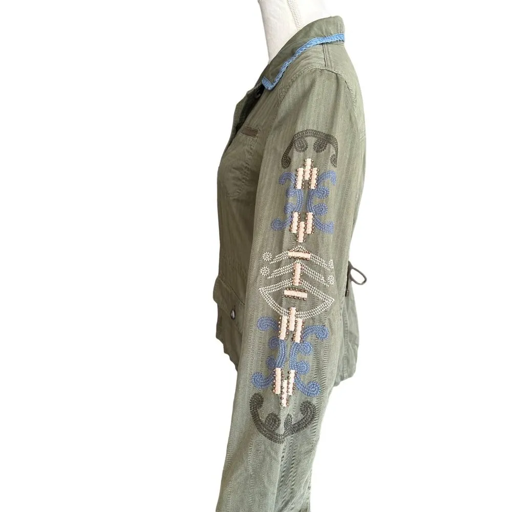 Hei Hei Embroidered Utility Jacket Small Green Cotton Front Pockets Has Stain - Image 2