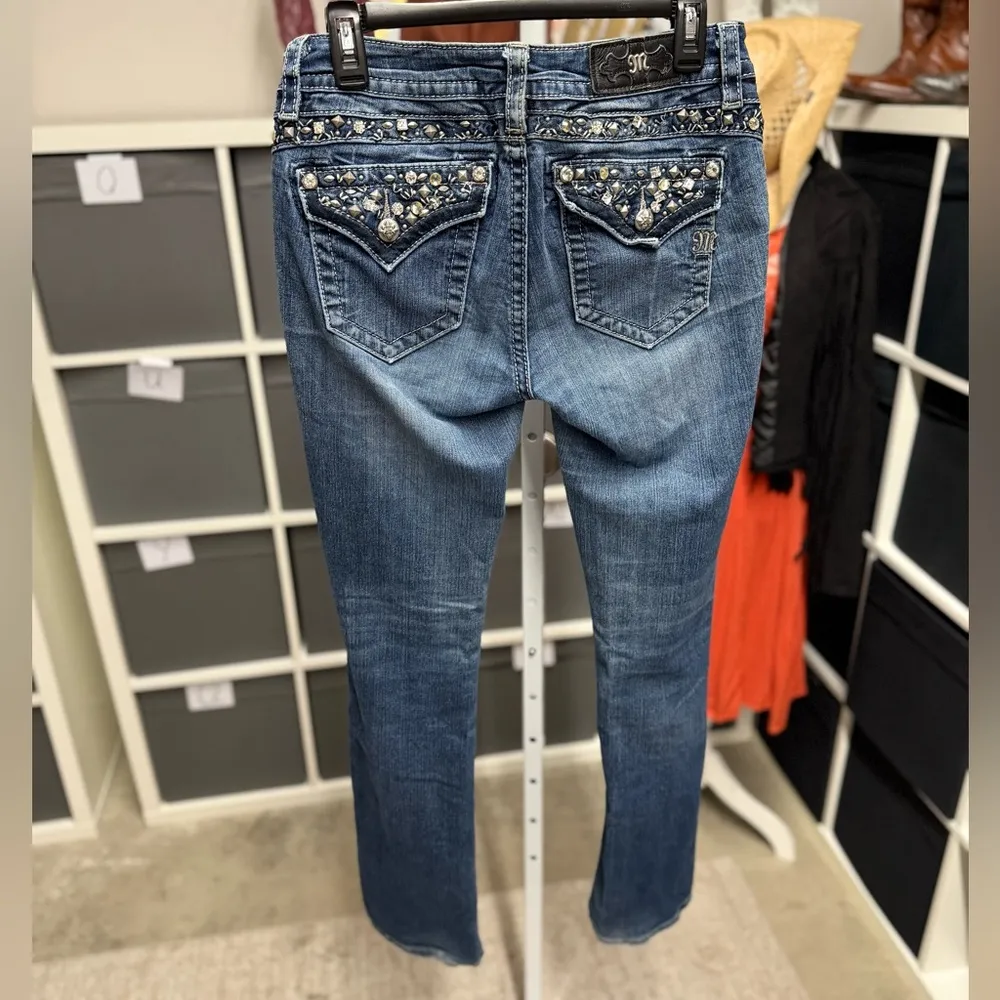 Miss Me Mid Rise Slim Bootcut Bling Embellished Stone and Studded Pockets Y2K - Image 3
