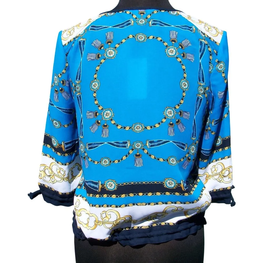 Cache Blue Jacket New Status Print Drawstring Bottom Zipper Front Top $128 NWT - Image 2