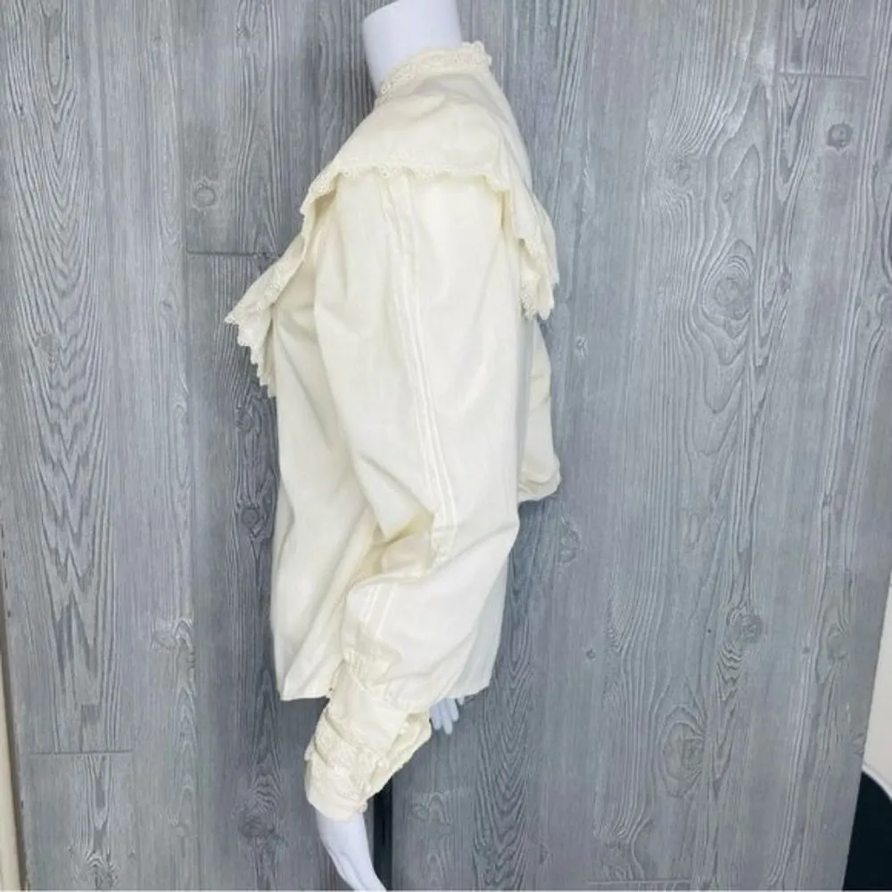 Vintage Victorian lace ruffle high collar blouse long sleeve shirt cottage core White - Image 3