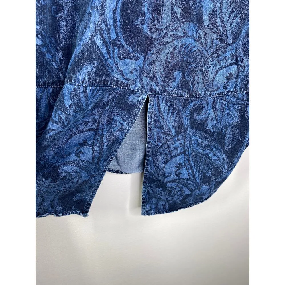 Chico's Blue Chambray Denim Printed Button Down Top Women's Size 0 Small S - Image 8