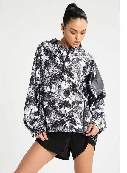 Ivy Park Womans S Black and White Floral Long Sleeve Hooded Windbreaker Pullover - Image 1