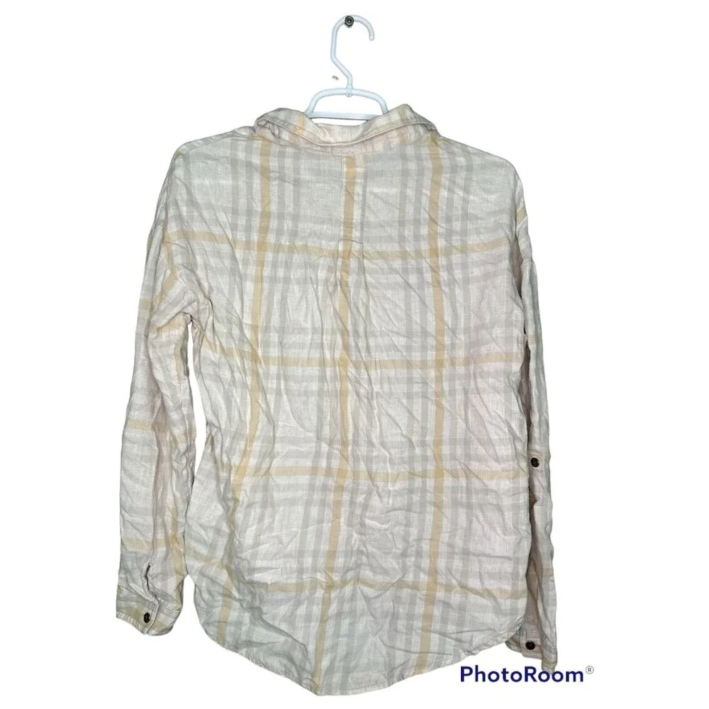 PrAna Long Sleeve Plaid Pattern Button Down Beige Brown Cream Flannel Size Small - Image 2