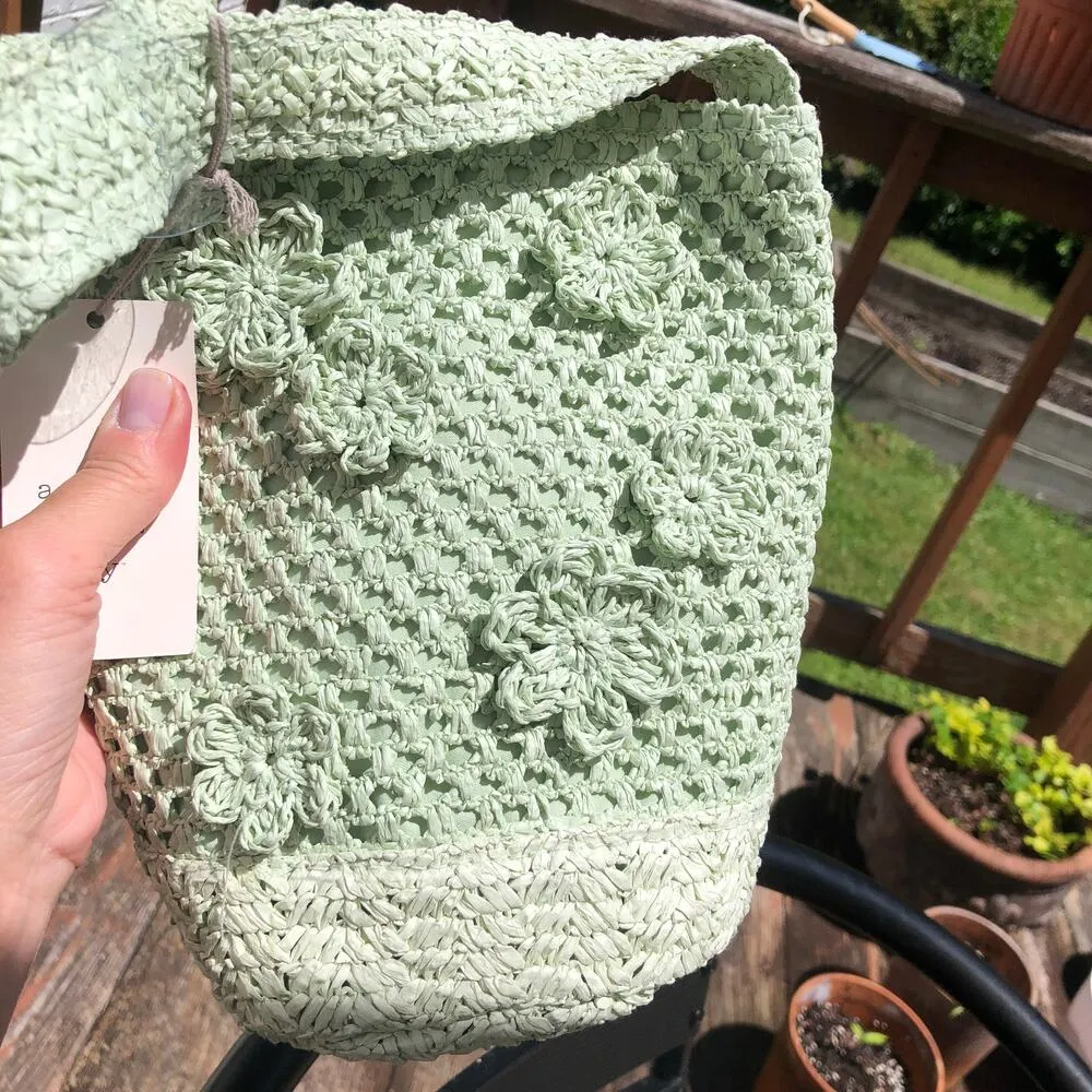 A New Day NWT Women's Green Staw Mini Floral Bucket Bag - Image 4