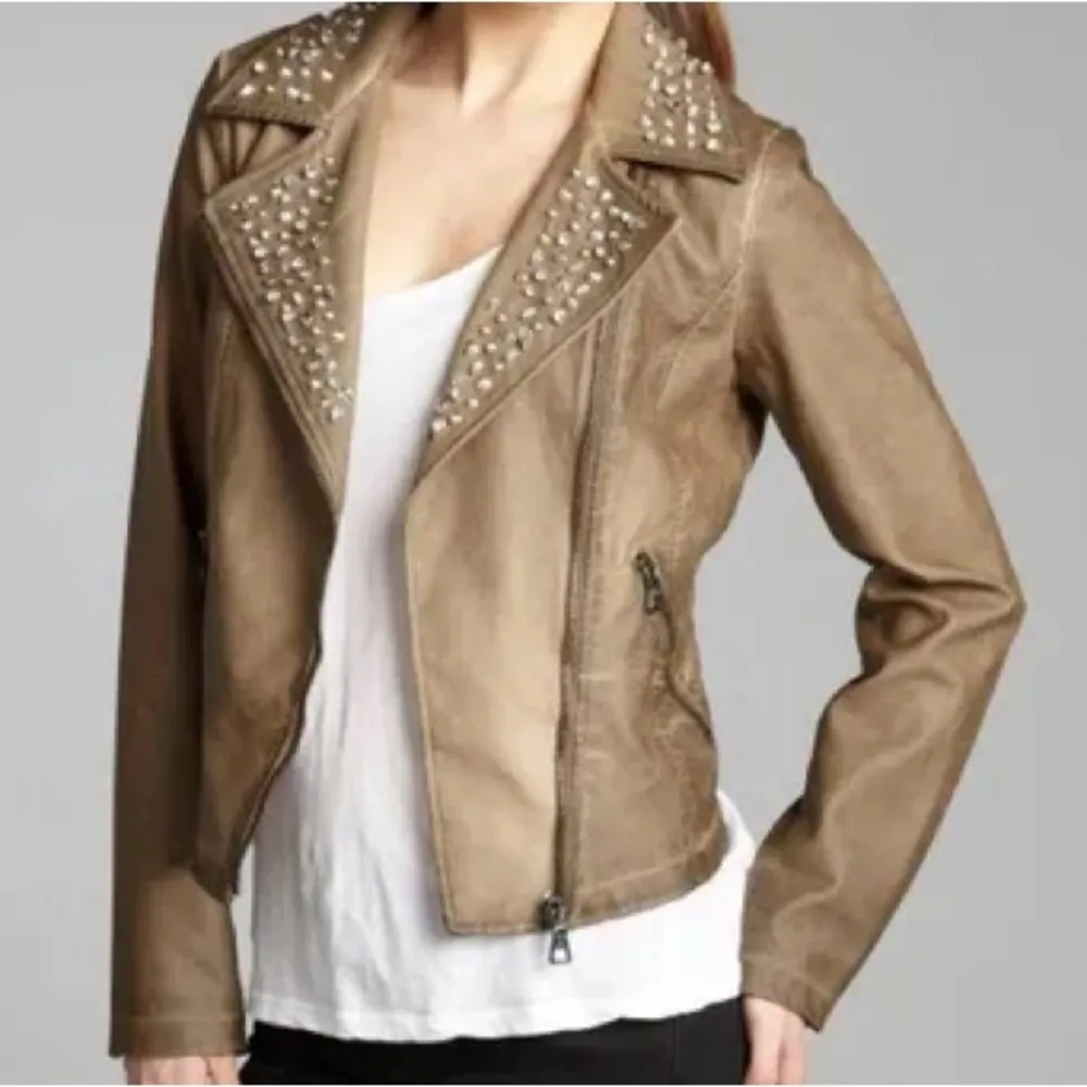 Sam Edelman Leather Moto Jacket Studded Rhinestone Collar Large SEE NOTE - Image 2