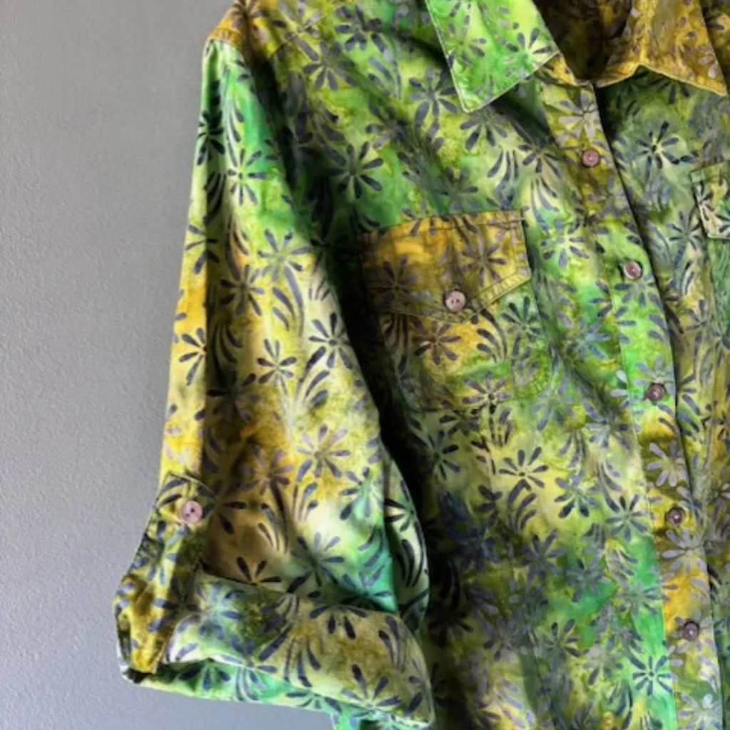 Caribbean Joe XL Button Shirt Green Yellow Roll Tab Button Botanical Colorful - Image 4