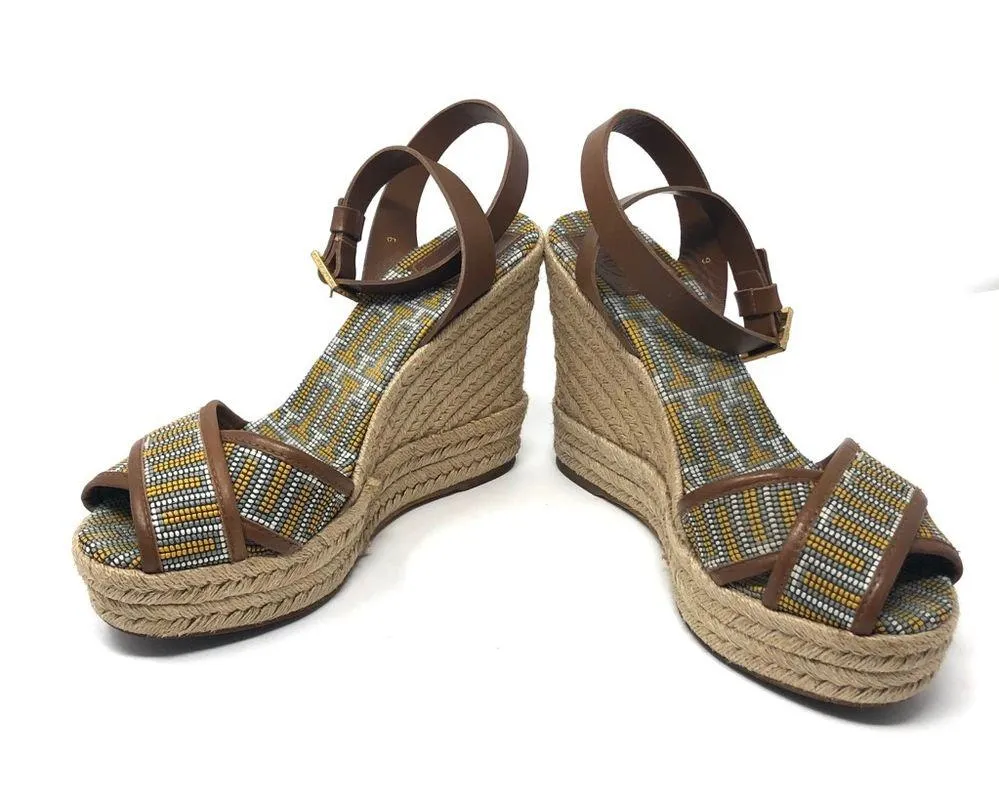 ankle wrap beaded wedge sandals with leather accents, made in Spain, size 9 - Image 4