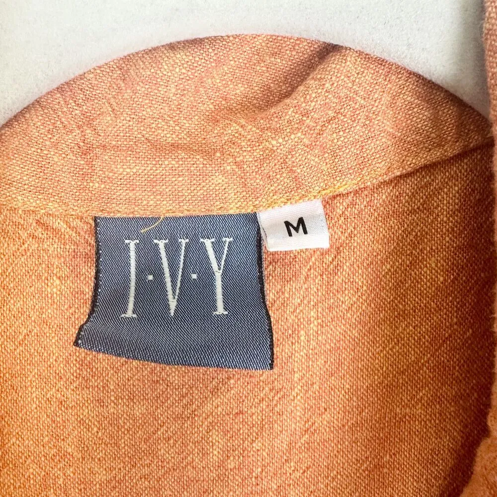 Ivy Linen Blend Midi Shirt Dress Size Medium Orange Lagenlook Coastal Vacation - Image 7