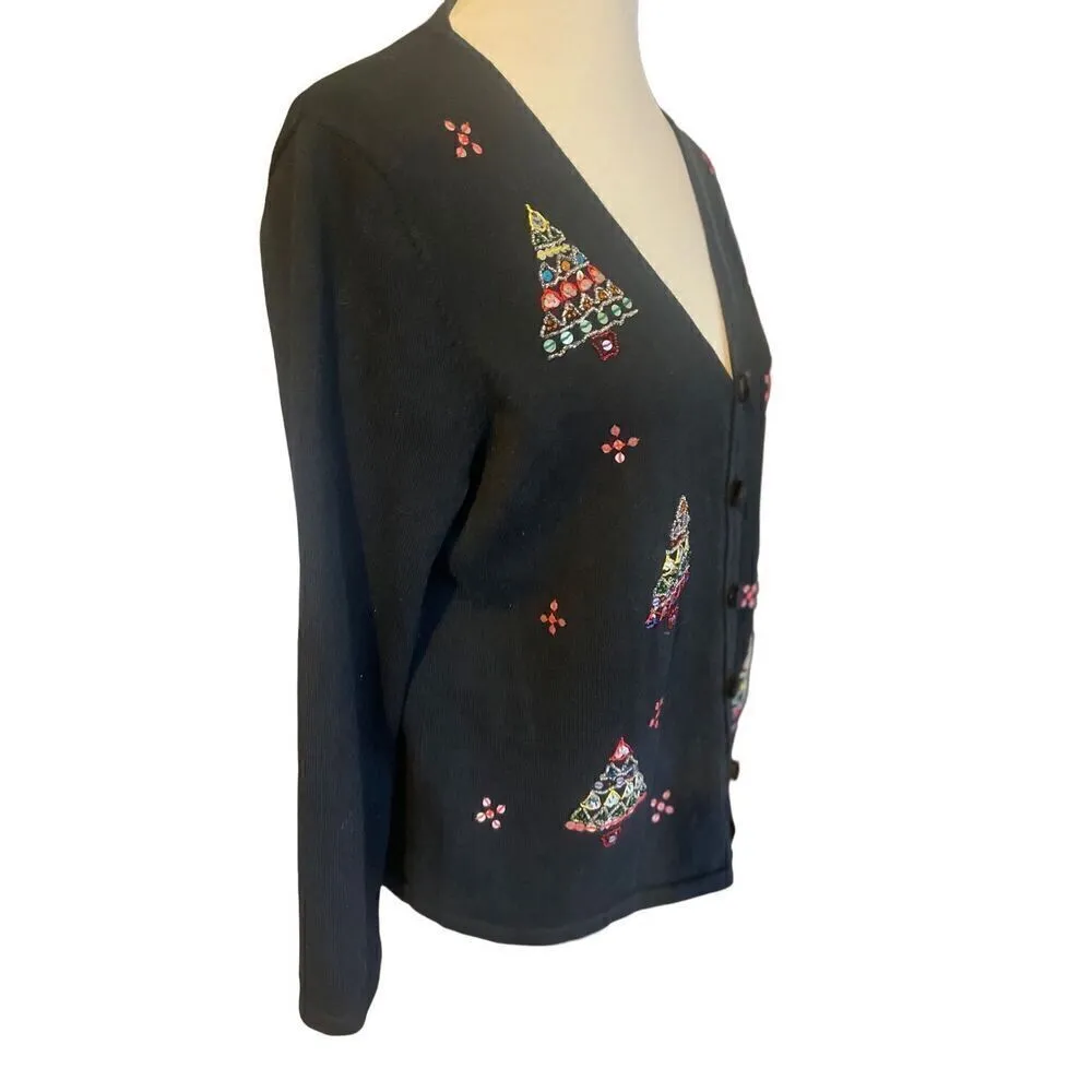 Mercer Street Studio Hand Embroidered Christmas Vintage Black Button Down Cardig Size L - Image 4