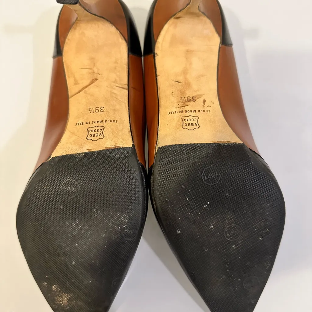 Manolo Blahnik Black and Brown Y2K Leather Geometric Pumps Pointy Toe Heels 39.5 - Image 7