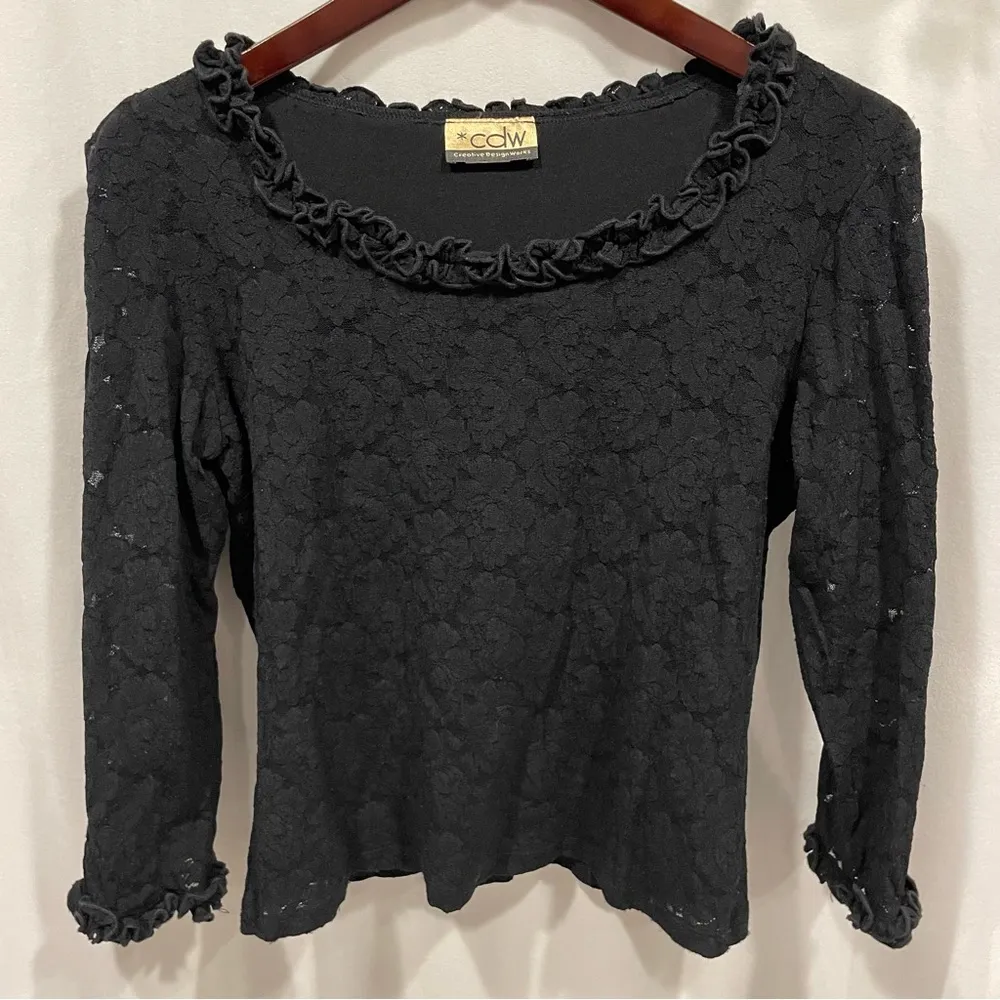 Cute Y2k black lace floral ruffle collar stretchy top CDW 3/4 sheer sleeves Size M - Image 6