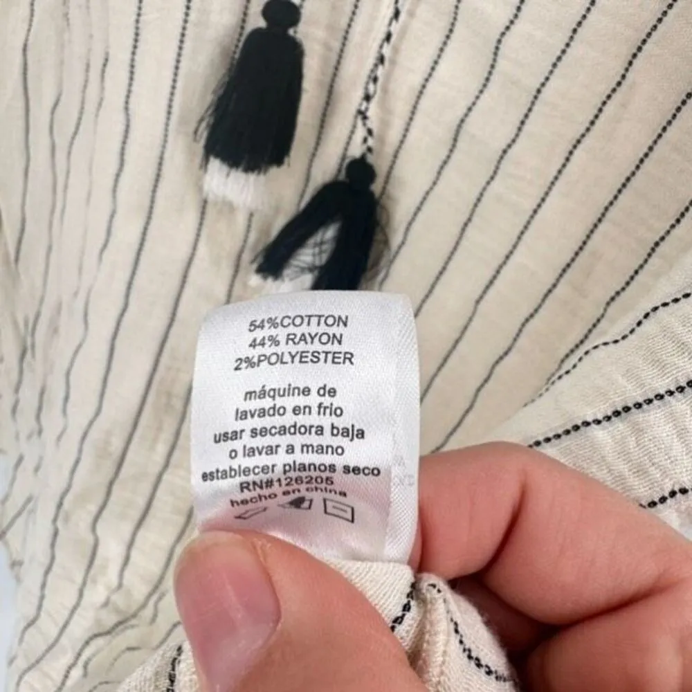 Joie Striped Top Gauzy Fringe Tie Peasant Boho SS Shirt Small‎ White Black - Image 4