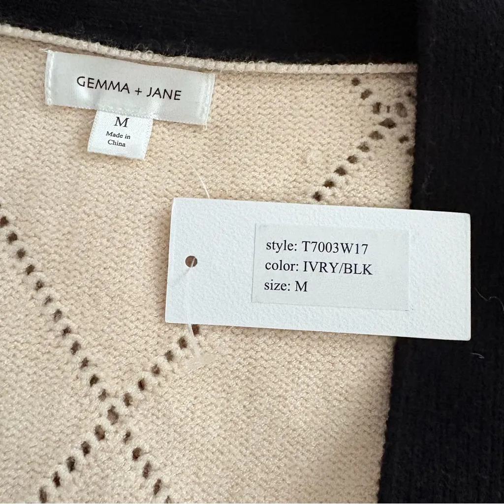 New GEMMA + JANE sleeveless cardigan vest diamond pointelle knit ivory black M Size M - Image 9