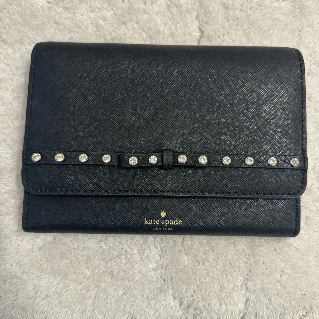 Kate Spade Laurel Way Rhinestone Ribbon Bow Crossbody Clutch Wallet Black - Image 11