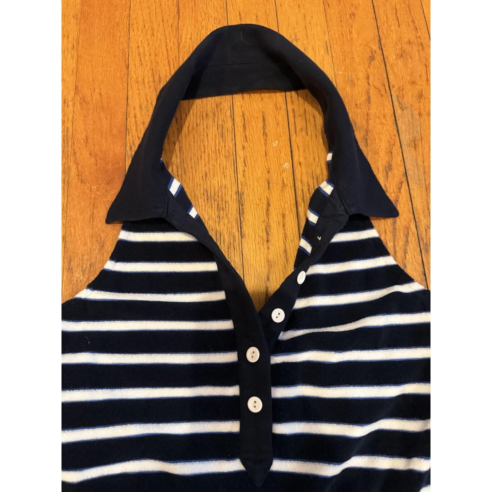 Veronica Beard Romper Womens Medium Navy Stripe Halter Collared Pockets Elastic - Image 6