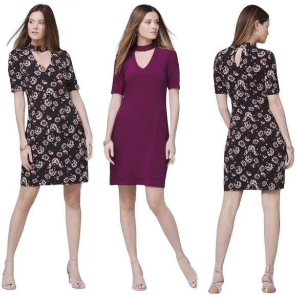 WHBM Floral Reversible Short Sleeve Choker Knit Shift Dress Medium EUC - Image 2