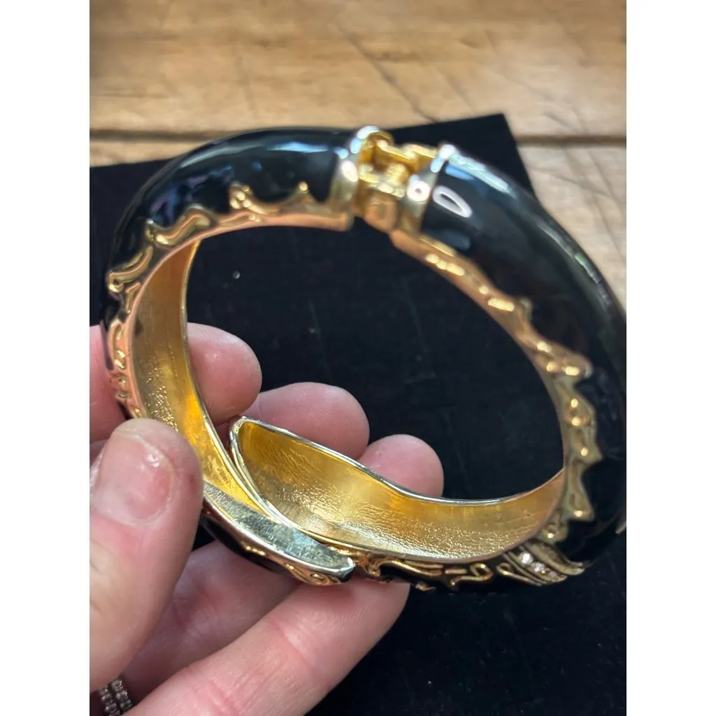 Gold & Black Snake Hinged Bangle Bracelet With Rhinestone Embellishment - Image 7