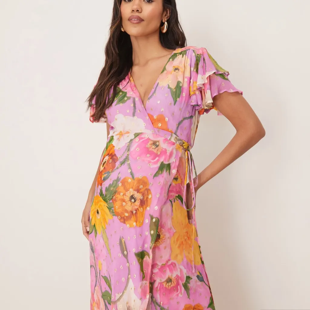 Hope & Ivy Maternity frill sleeve maxi wrap dress with tie waist in blue print Pink Size 10 - Image 2