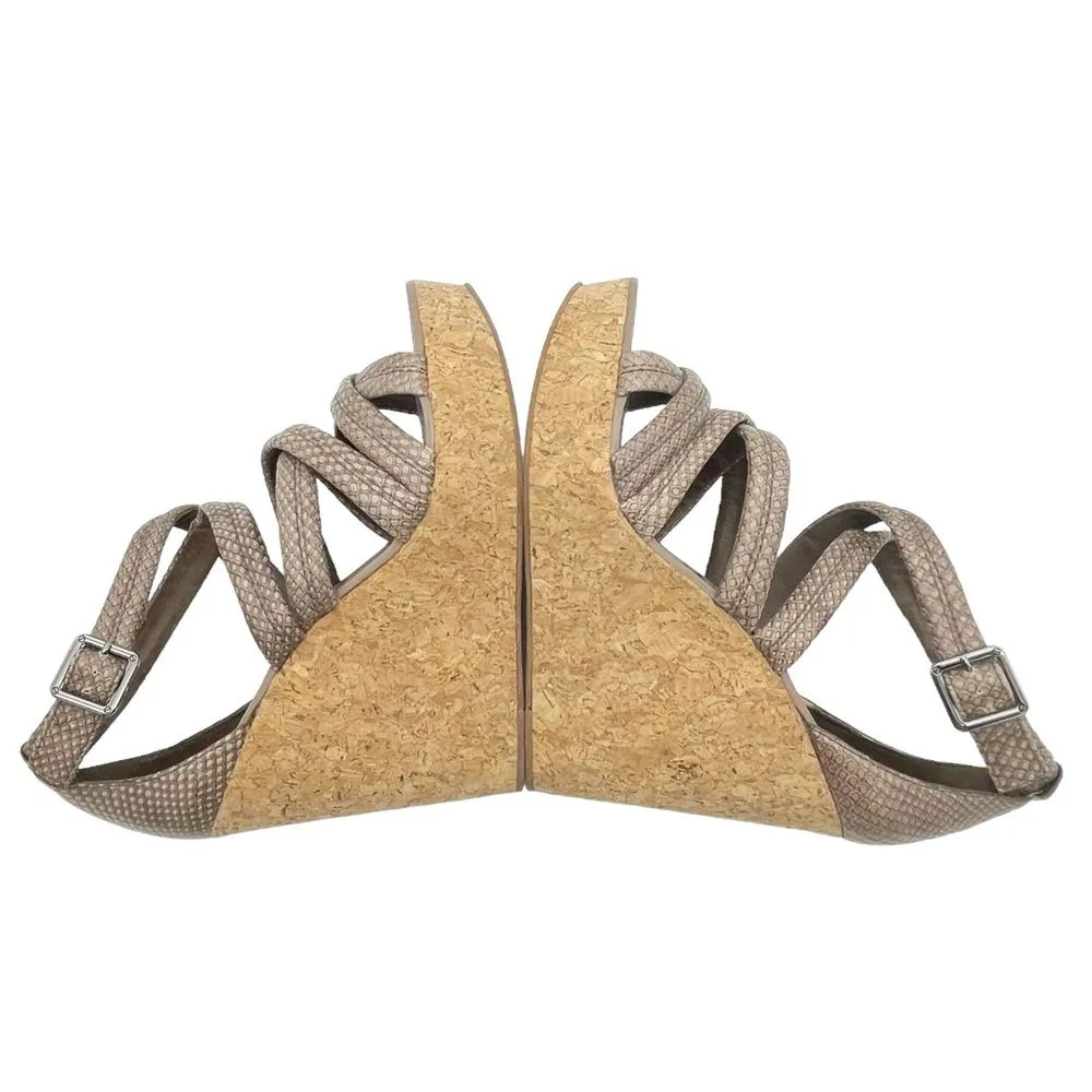 Tory Burch Taupe Reptile Embossed Leather Strappy Cork Wedge Sandals Size 10.5 - Image 12
