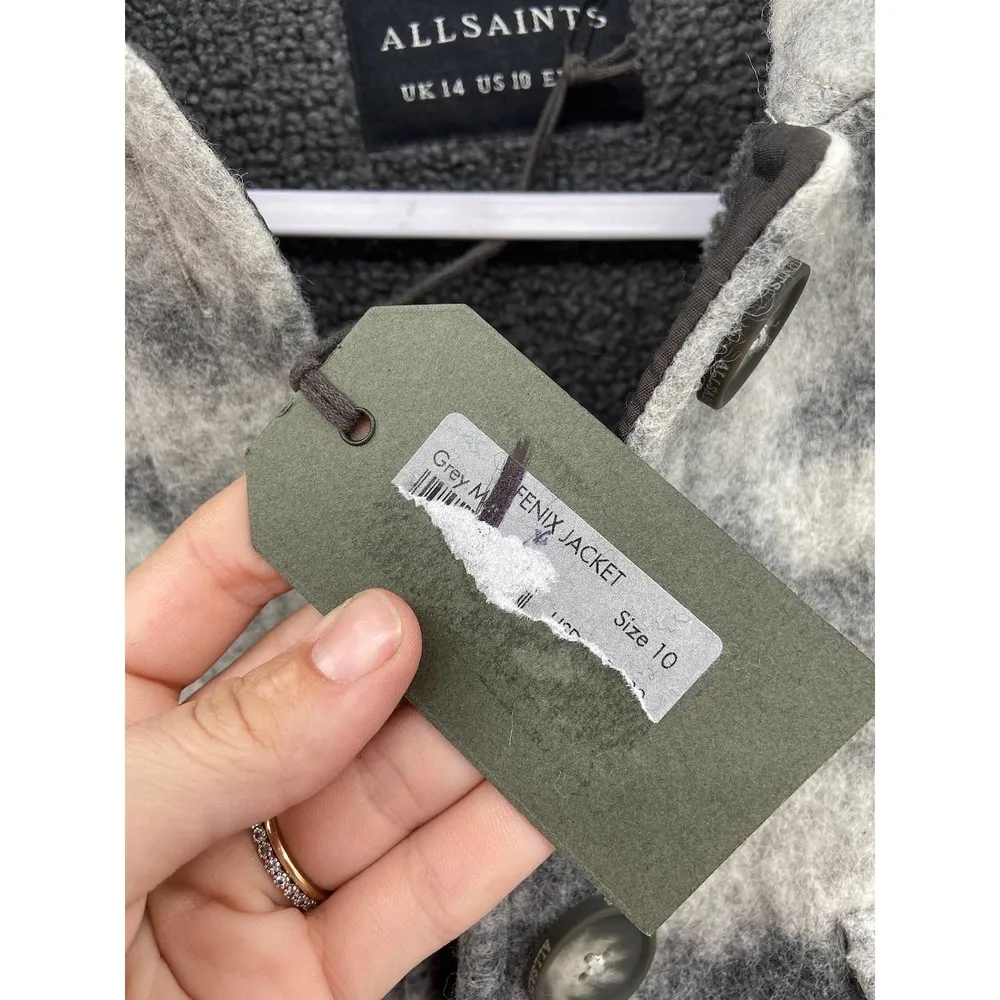 All Saints Fenix Grey Sherpa Wool Blend Camo Print Button Up Jacket Size 10 NWT - Image 7