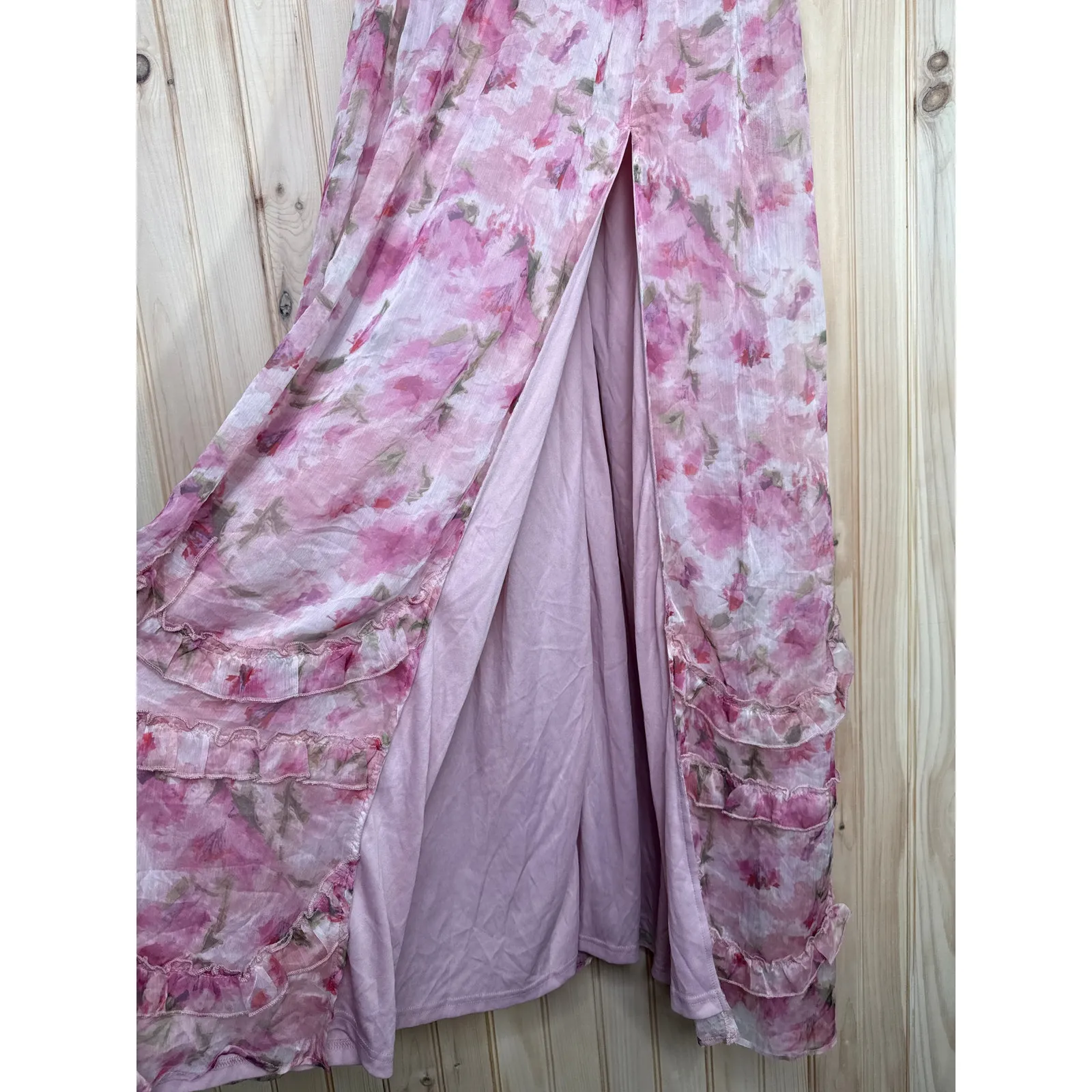 NWT Lulus Novella Pink Floral Ruffled Bustier Lace-Up Maxi Dress Gala Size S - Image 5