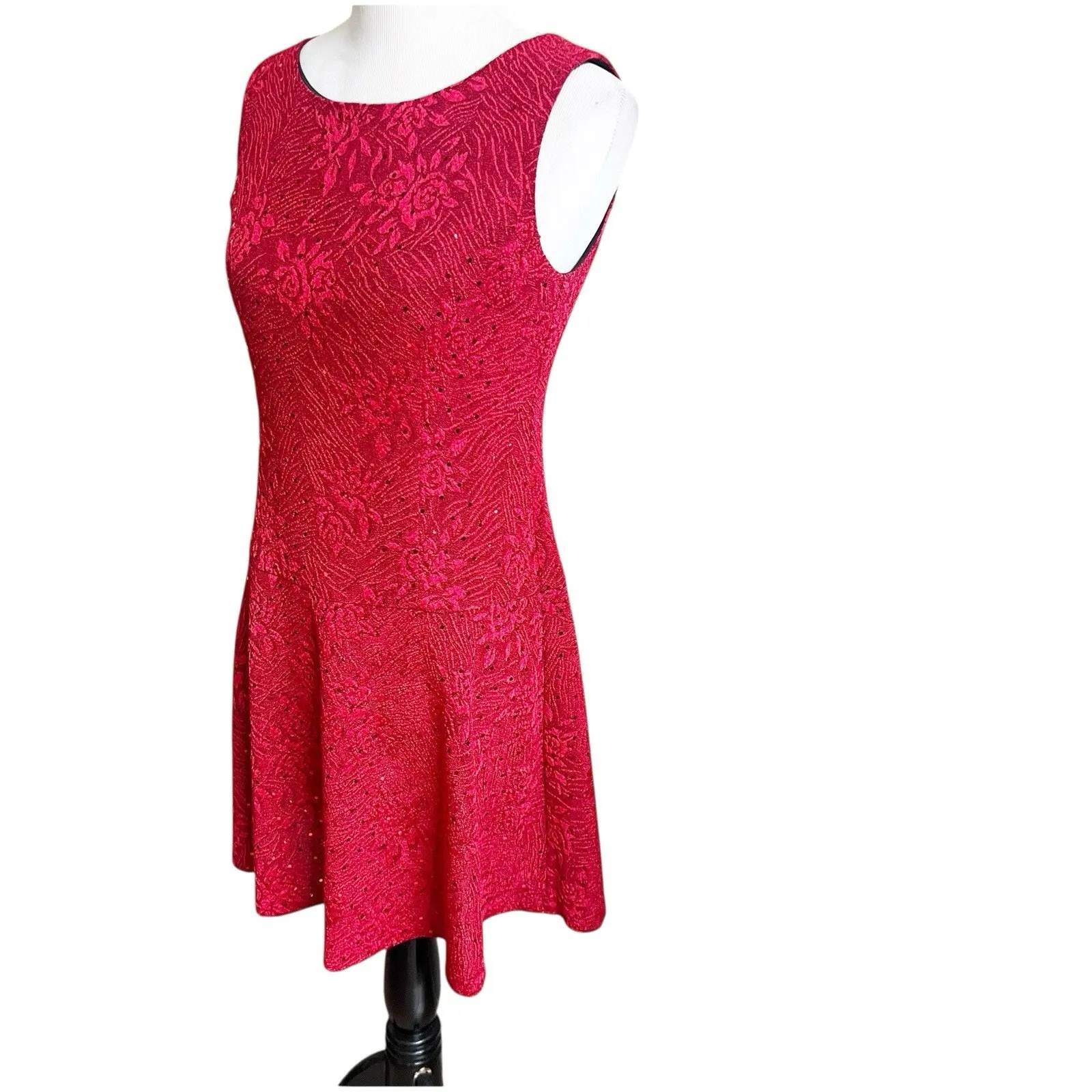 Connected Apparel Red Floral Sparkle Fit & Flare Mini Dress Size 6 Petite Y2K - Image 4