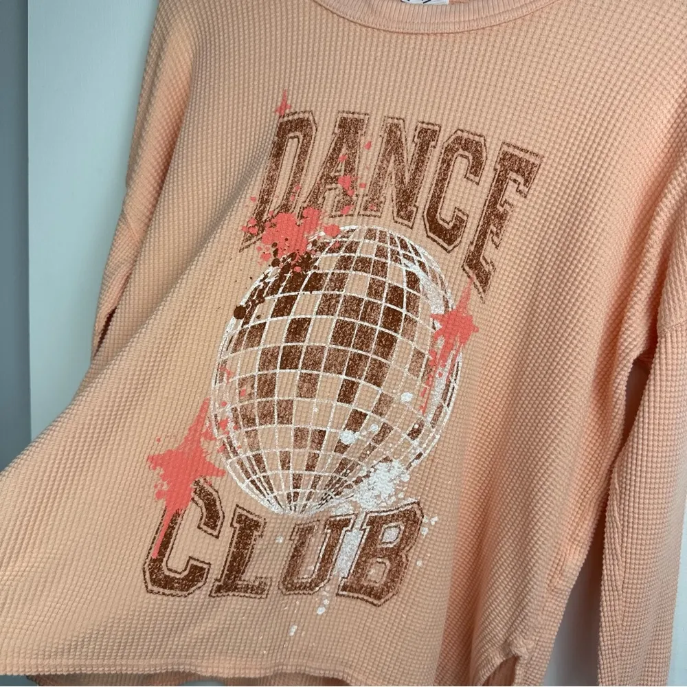 Aerie Dance Club Long Sleeve Thermal Waffle Knit Top Sz Small Peach Disco Ball - Image 5