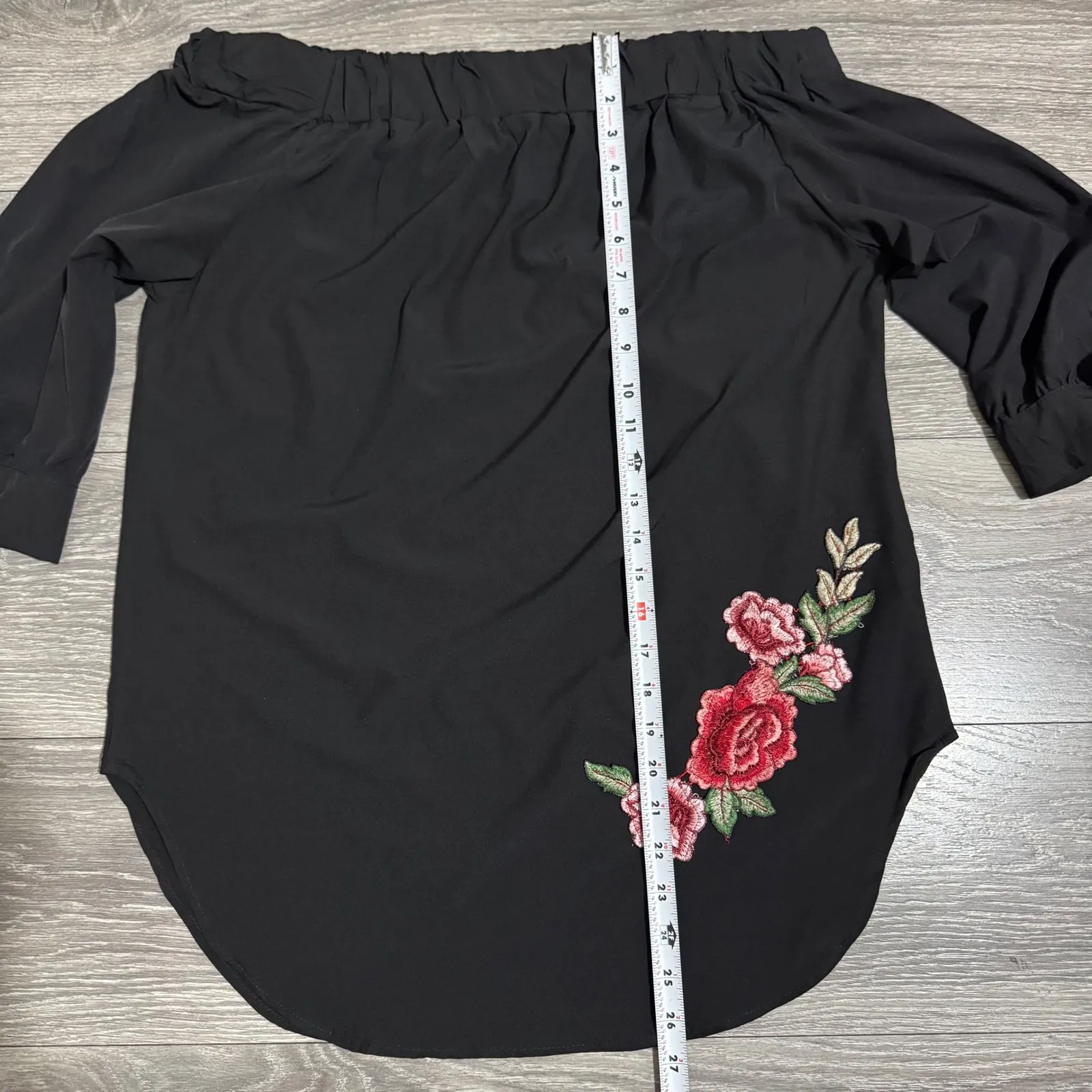 GIBIU USA Bohemian Black Off Shoulder Embroidered Rose Sleeve Tie Goth Top L Size L - Image 9