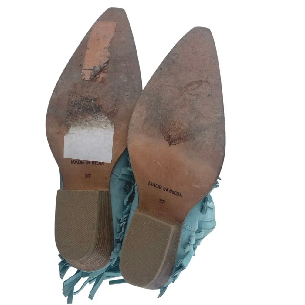 Free People Lawless Fringe Blue Suede Pointed Toe Zip Western Boots Booties Sz 6 - Image 4