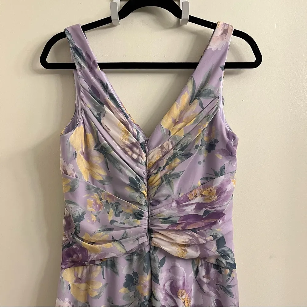Xscape Lilac Purple Floral Twist Front Ruched Ruffle Maxi Dress Size 10 - Image 6