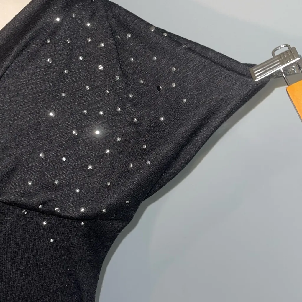 Hybrid black cowl neck top blouse short sleeve shirt bedazzled sleeved XXL - Image 2