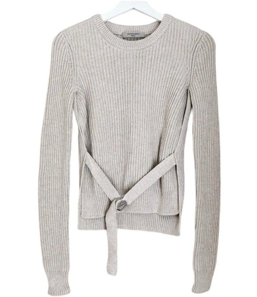 AllSaints East Cotton Jumper Sweater Mist Grey Top Small Ribbed Knit Long Sleeve - Image 8