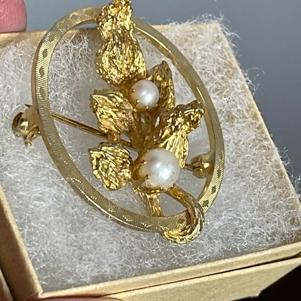 Vintage gold flower bud pearl circular brooch Gold - Image 2